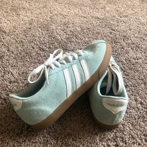 Teal and tan rubber adidas sneakers